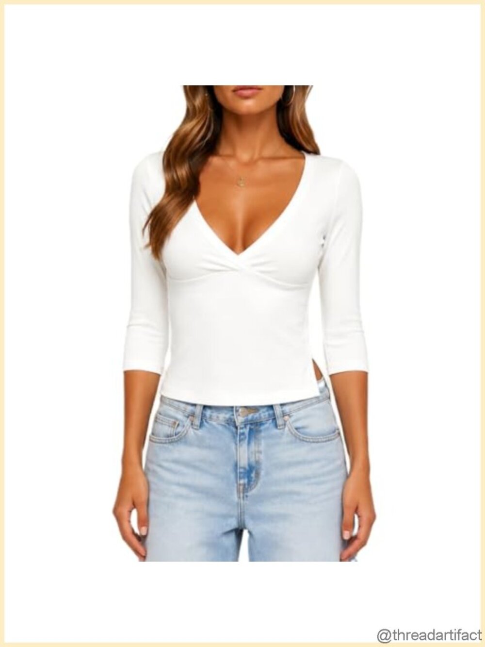 Women's 3/4 Sleeve V-Neck Wrap Fitted Top with Side Slits